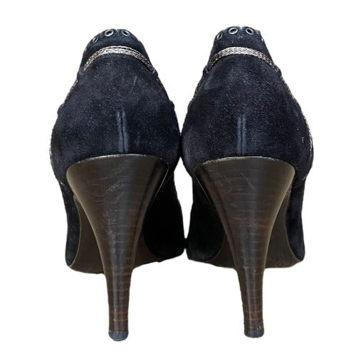 CHANEL Black Suede Eyelet Studded Peep Toe Pumps, Size 38.5