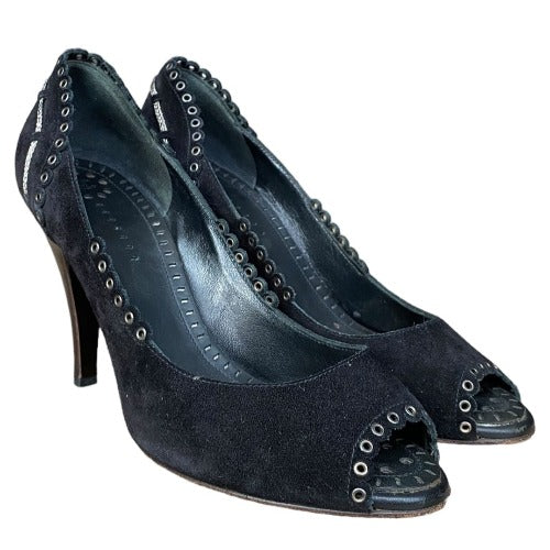 CHANEL Black Suede Eyelet Studded Peep Toe Pumps, Size 38.5