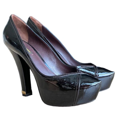 LOUIS VUITTON Maroon Color Patent Leather Pointed Toe Platform Pumps, Size 39