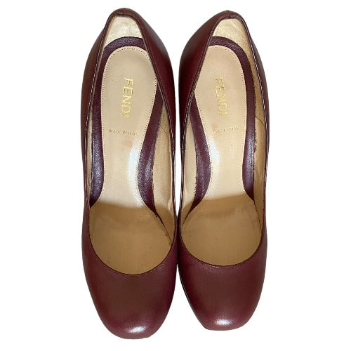 FENDI Burgundy Leather Fendista Wooden Platform Heels Pumps, Size 38