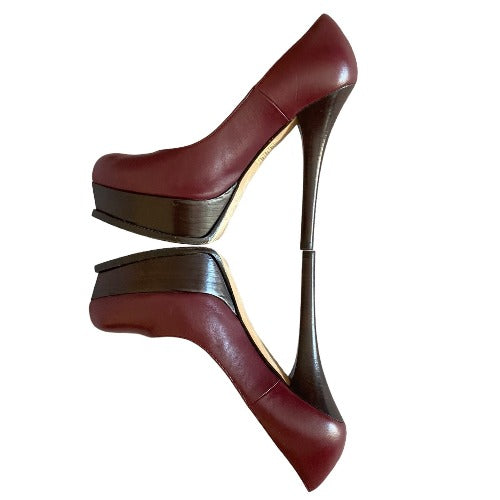 FENDI Burgundy Leather Fendista Wooden Platform Heels Pumps, Size 38