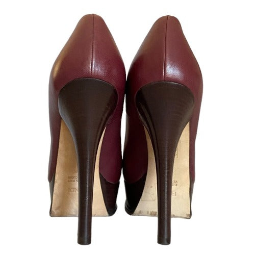 FENDI Burgundy Leather Fendista Wooden Platform Heels Pumps, Size 38