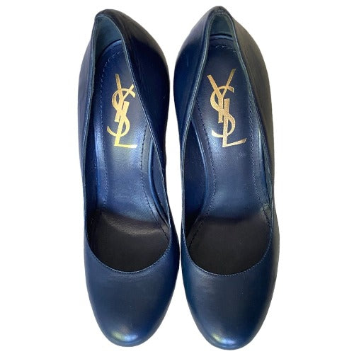 NEW YVES SAINT LAURENT Navy Leather Round Toe Tribute Platform Pumps, Size 36.5
