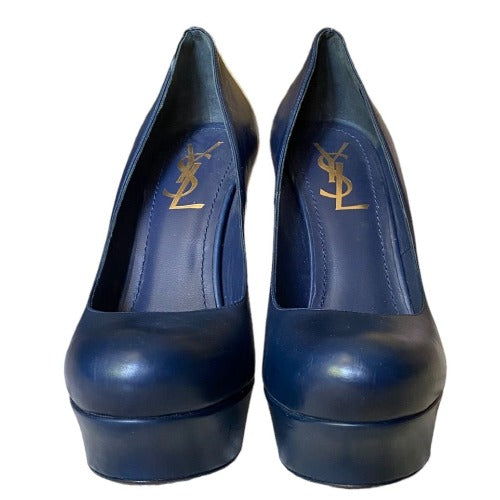 NEW YVES SAINT LAURENT Navy Leather Round Toe Tribute Platform Pumps, Size 36.5