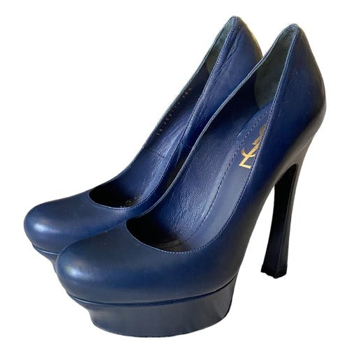 NEW YVES SAINT LAURENT Navy Leather Round Toe Tribute Platform Pumps, Size 36.5