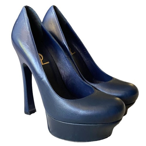 NEW YVES SAINT LAURENT Navy Leather Round Toe Tribute Platform Pumps, Size 36.5