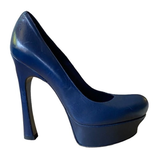 NEW YVES SAINT LAURENT Navy Leather Round Toe Tribute Platform Pumps, Size 36.5