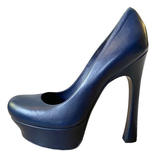 NEW YVES SAINT LAURENT Navy Leather Round Toe Tribute Platform Pumps, Size 36.5