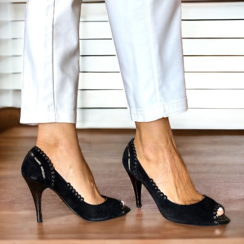 CHANEL Black Suede Eyelet Studded Peep Toe Pumps, Size 38.5