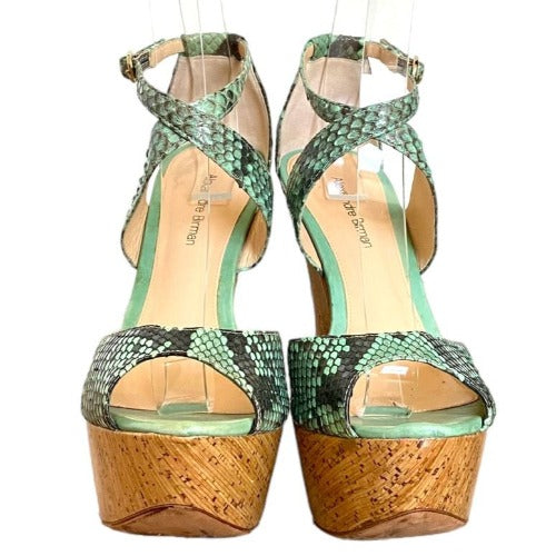 ALEXANDRE BIRMAN Green Python Leather Strappy Cork Wedge Sandals, Size 37