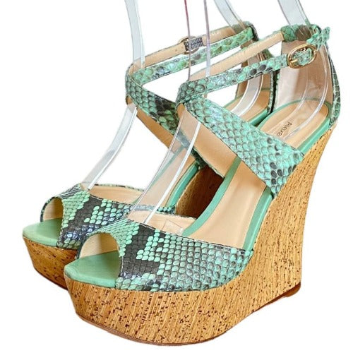 ALEXANDRE BIRMAN Green Python Leather Strappy Cork Wedge Sandals, Size 37