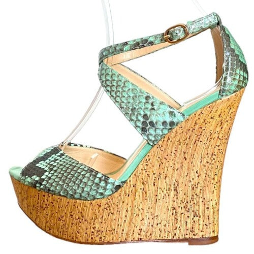 ALEXANDRE BIRMAN Green Python Leather Strappy Cork Wedge Sandals, Size 37
