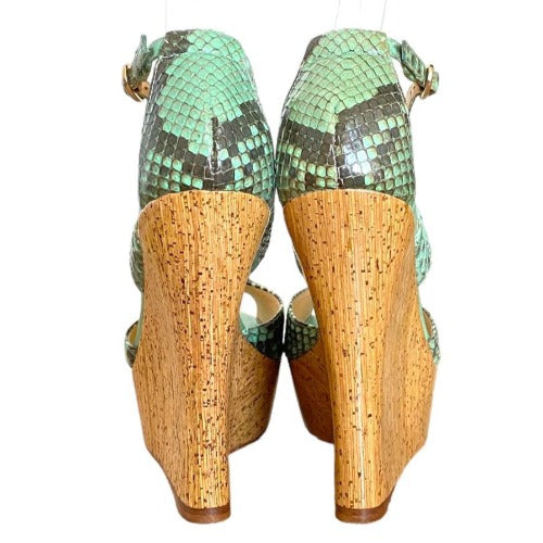ALEXANDRE BIRMAN Green Python Leather Strappy Cork Wedge Sandals, Size 37