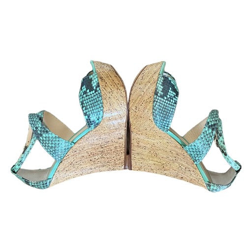 ALEXANDRE BIRMAN Green Python Leather Strappy Cork Wedge Sandals, Size 37