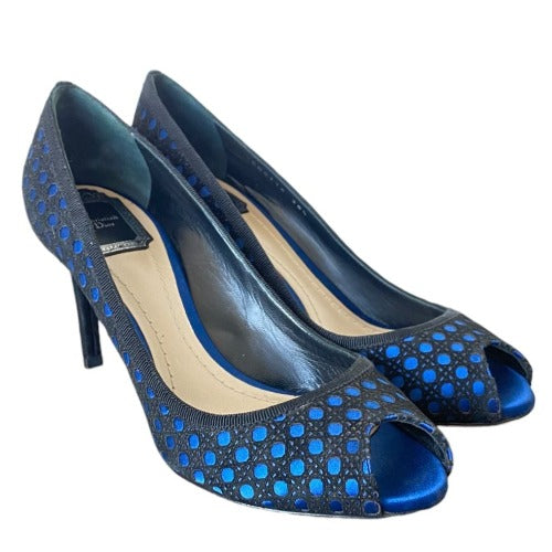CHRISTIAN DIOR Black Suede w/ Blue Satin Contrast Cannage Peep Toe Pumps, 38.5