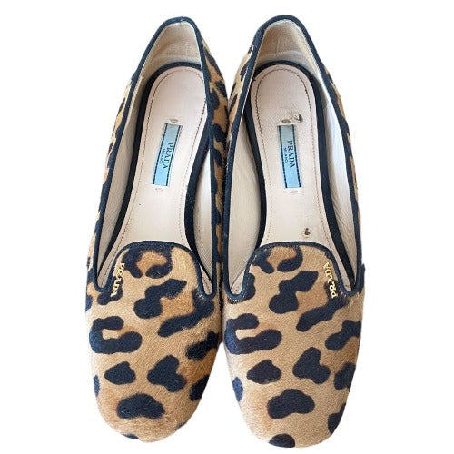 PRADA Calf Hair Leopard Print Logo Embedded Loafers, Size 38.5