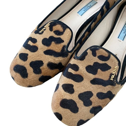 PRADA Calf Hair Leopard Print Logo Embedded Loafers, Size 38.5