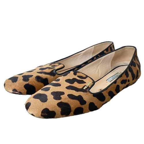 PRADA Calf Hair Leopard Print Logo Embedded Loafers, Size 38.5