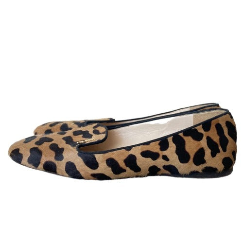 PRADA Calf Hair Leopard Print Logo Embedded Loafers, Size 38.5