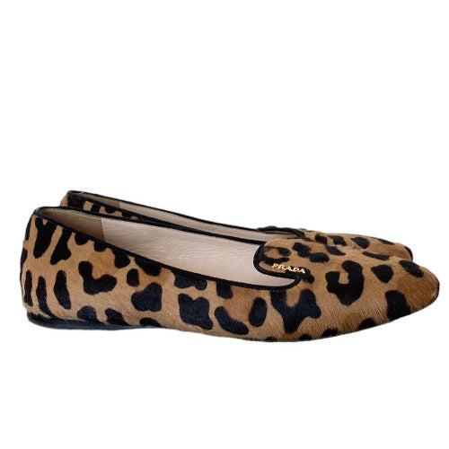 PRADA Calf Hair Leopard Print Logo Embedded Loafers, Size 38.5