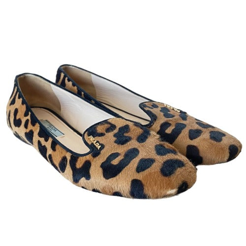 PRADA Calf Hair Leopard Print Logo Embedded Loafers, Size 38.5
