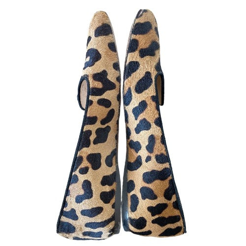 PRADA Calf Hair Leopard Print Logo Embedded Loafers, Size 38.5