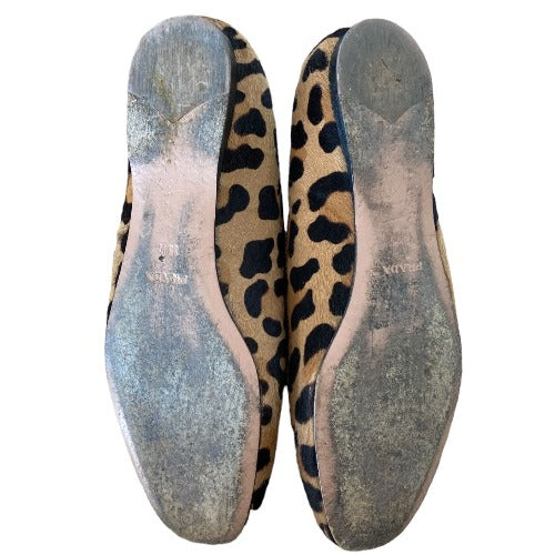 PRADA Calf Hair Leopard Print Logo Embedded Loafers, Size 38.5