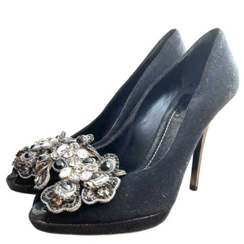 RENE CAOVILLA Black Fabric Silver Rhinestone Peep Toe Platform Pumps, Size 36.5