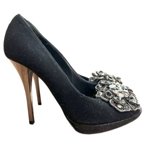 RENE CAOVILLA Black Fabric Silver Rhinestone Peep Toe Platform Pumps, Size 36.5