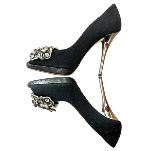 RENE CAOVILLA Black Fabric Silver Rhinestone Peep Toe Platform Pumps, Size 36.5