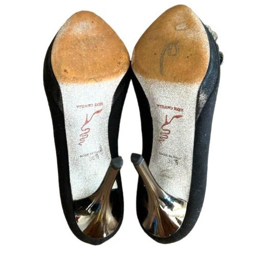 RENE CAOVILLA Black Fabric Silver Rhinestone Peep Toe Platform Pumps, Size 36.5