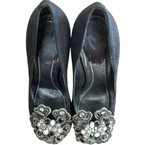 RENE CAOVILLA Black Fabric Silver Rhinestone Peep Toe Platform Pumps, Size 36.5