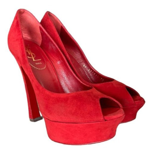 NIB YVES SAINT LAURENT Palais 105 Red Suede Peep Toe Platform Pumps, Size 37