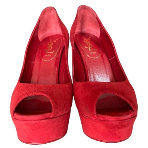 NIB YVES SAINT LAURENT Palais 105 Red Suede Peep Toe Platform Pumps, Size 37