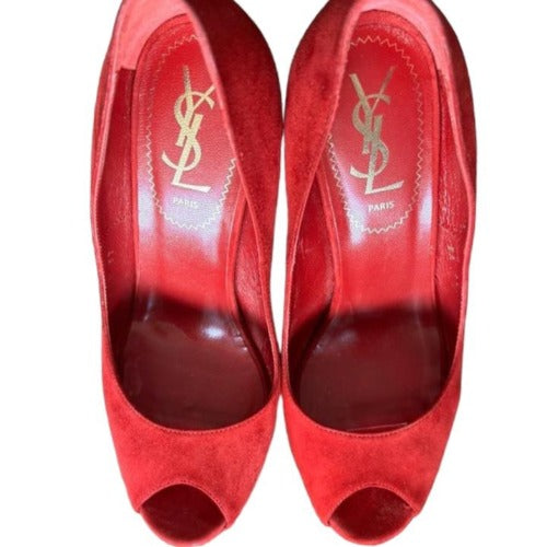 NIB YVES SAINT LAURENT Palais 105 Red Suede Peep Toe Platform Pumps, Size 37