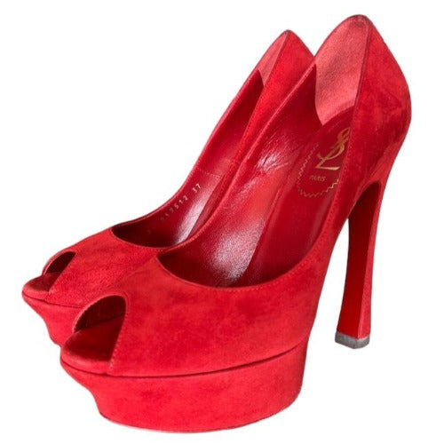 NIB YVES SAINT LAURENT Palais 105 Red Suede Peep Toe Platform Pumps, Size 37