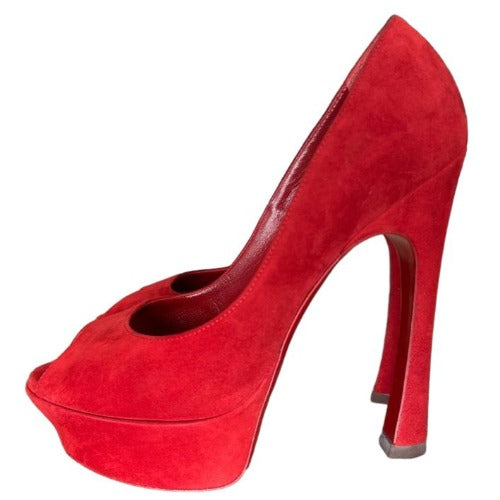 NIB YVES SAINT LAURENT Palais 105 Red Suede Peep Toe Platform Pumps, Size 37