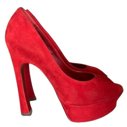 NIB YVES SAINT LAURENT Palais 105 Red Suede Peep Toe Platform Pumps, Size 37