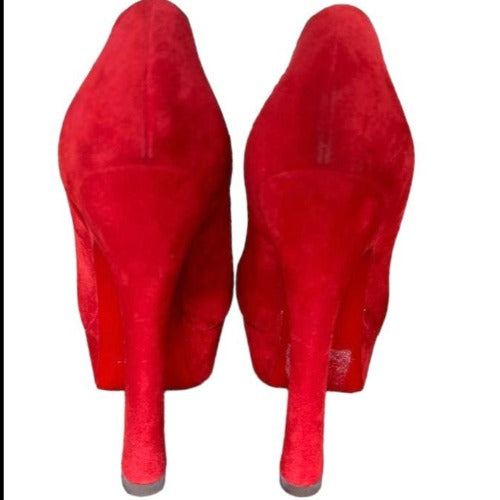 NIB YVES SAINT LAURENT Palais 105 Red Suede Peep Toe Platform Pumps, Size 37