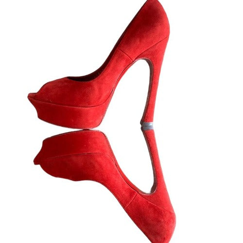 NIB YVES SAINT LAURENT Palais 105 Red Suede Peep Toe Platform Pumps, Size 37
