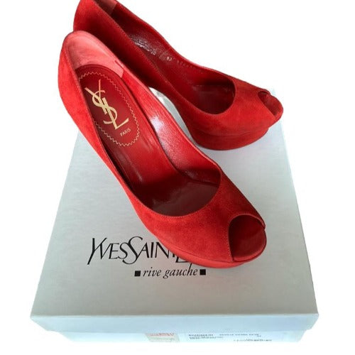 NIB YVES SAINT LAURENT Palais 105 Red Suede Peep Toe Platform Pumps, Size 37