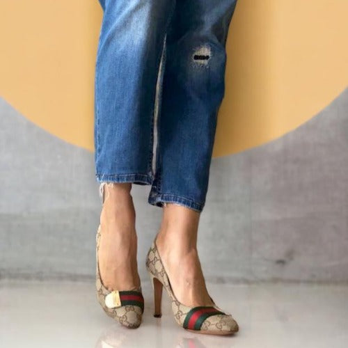 GUCCI Beige Canvas GG Monogram Web Detail Almond Toe Heels, Size 36.5