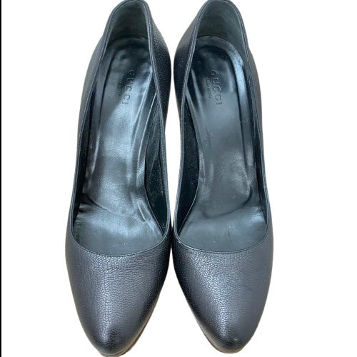 GUCCI Black Leather Almond Toe Wood Heel Platform Pumps, Size 37.5