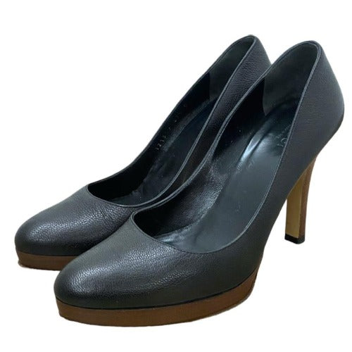 GUCCI Black Leather Almond Toe Wood Heel Platform Pumps, Size 37.5