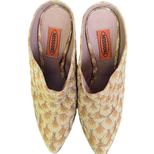 MISSONI Beige & Brown Knit Fabric Platform Mules Heeled Sandals, Size 37