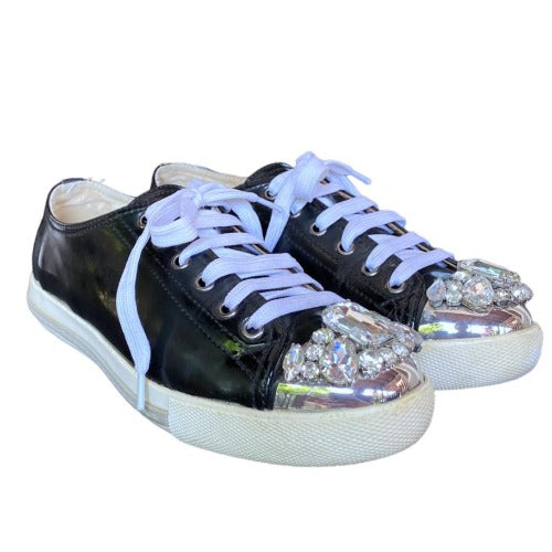 MIU MIU Black Patent Leather Crystal Embellished Lace Up Sneaker, Size 37
