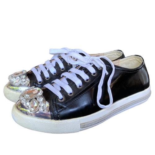 MIU MIU Black Patent Leather Crystal Embellished Lace Up Sneaker, Size 37