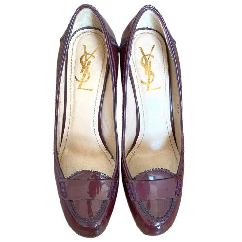 YVES SAINT LAURENT Burgundy Patent Leather Almond Toe Pumps, Size 38.5