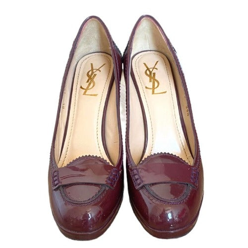 YVES SAINT LAURENT Burgundy Patent Leather Almond Toe Pumps, Size 38.5