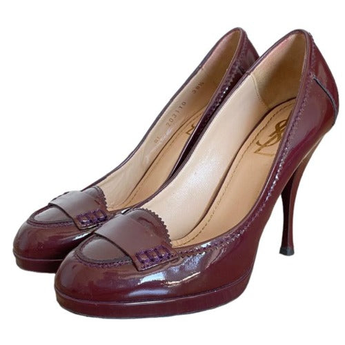 YVES SAINT LAURENT Burgundy Patent Leather Almond Toe Pumps, Size 38.5